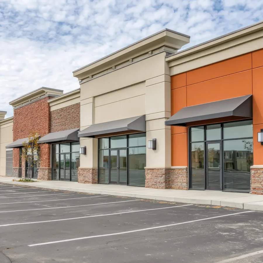 Commercial Real Estate Facade of Modern Retail Strip Mall with Ample Parking and Customizable Storefronts